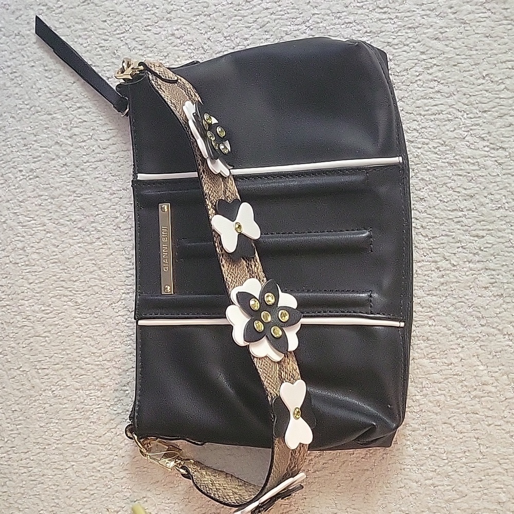 Gianni Bini Black Leather Flower Strap Bag
